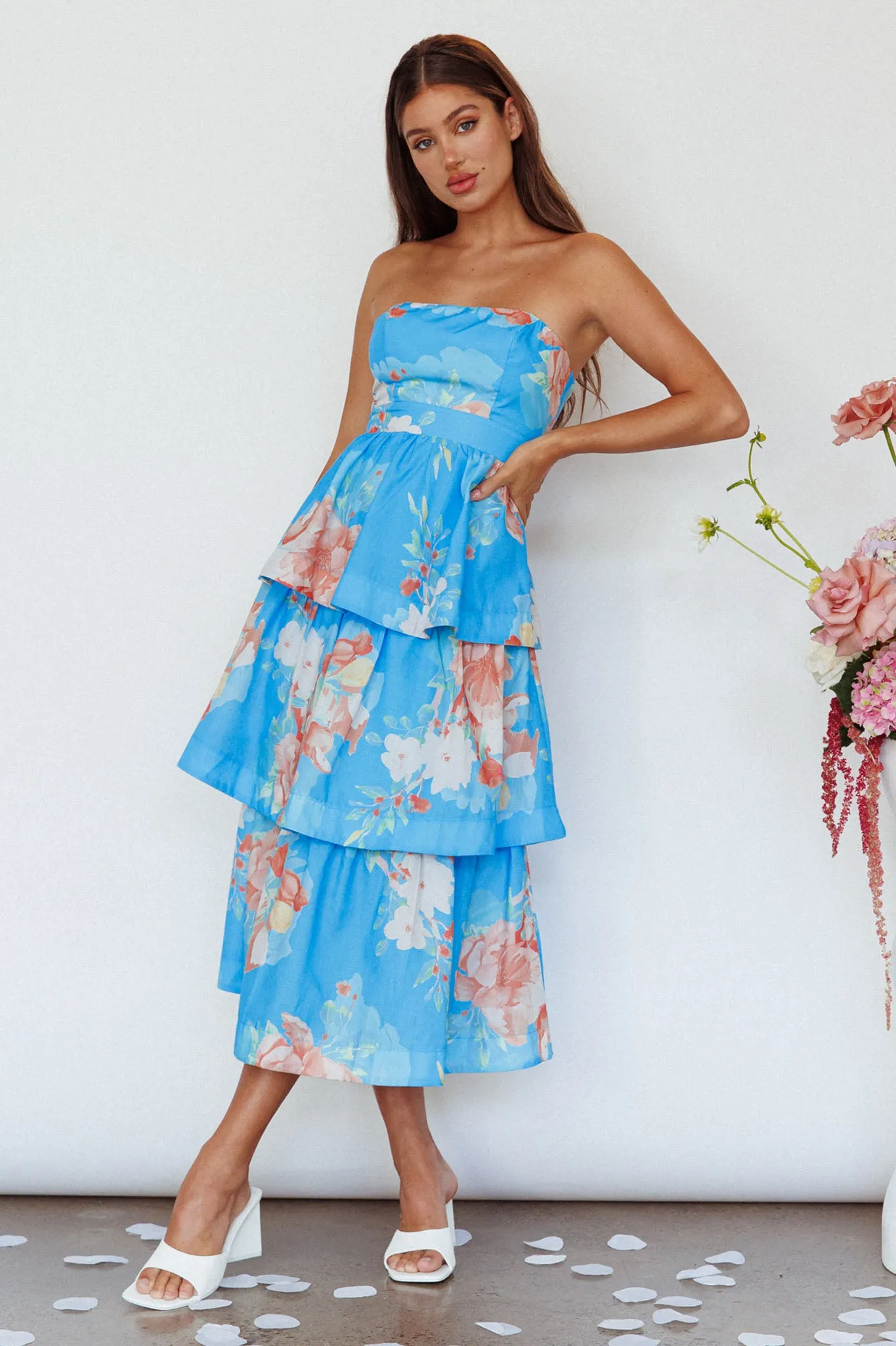 Outshine Strapless Tiered Midi Dress Floral Blue sold by Selfie Leslie product image thumbnail 5