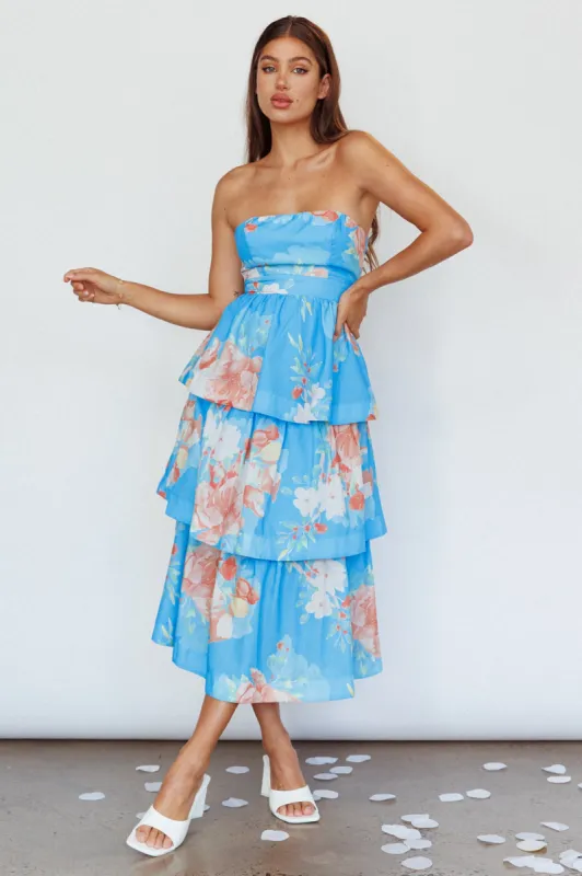Outshine Strapless Tiered Midi Dress Floral Blue sold by Selfie Leslie