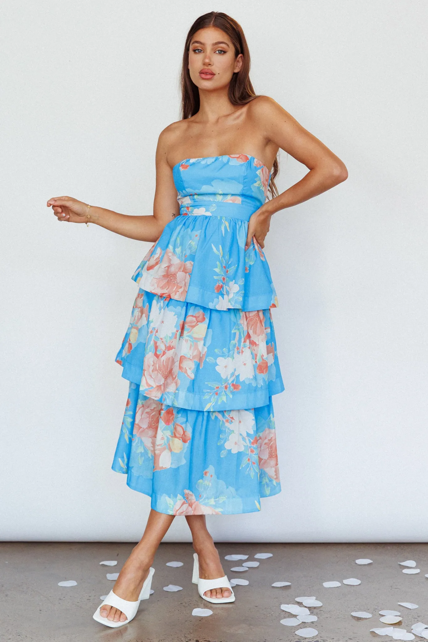 Outshine Strapless Tiered Midi Dress Floral Blue sold by Selfie Leslie