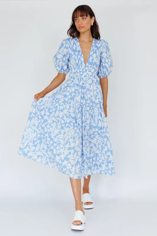 Summer Land V-Neckline Midi Dress Floral Blue sold by Selfie Leslie