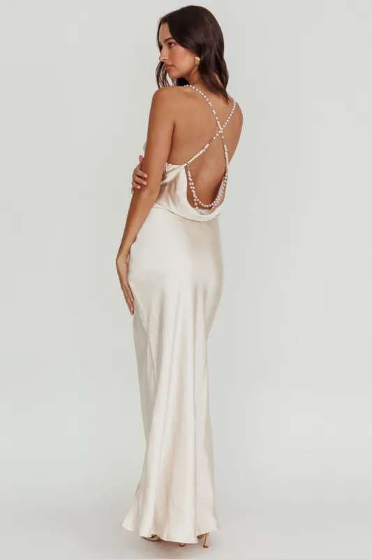 Danijela Cowl Neck Pearl Satin Maxi Dress Champagne sold by Selfie Leslie