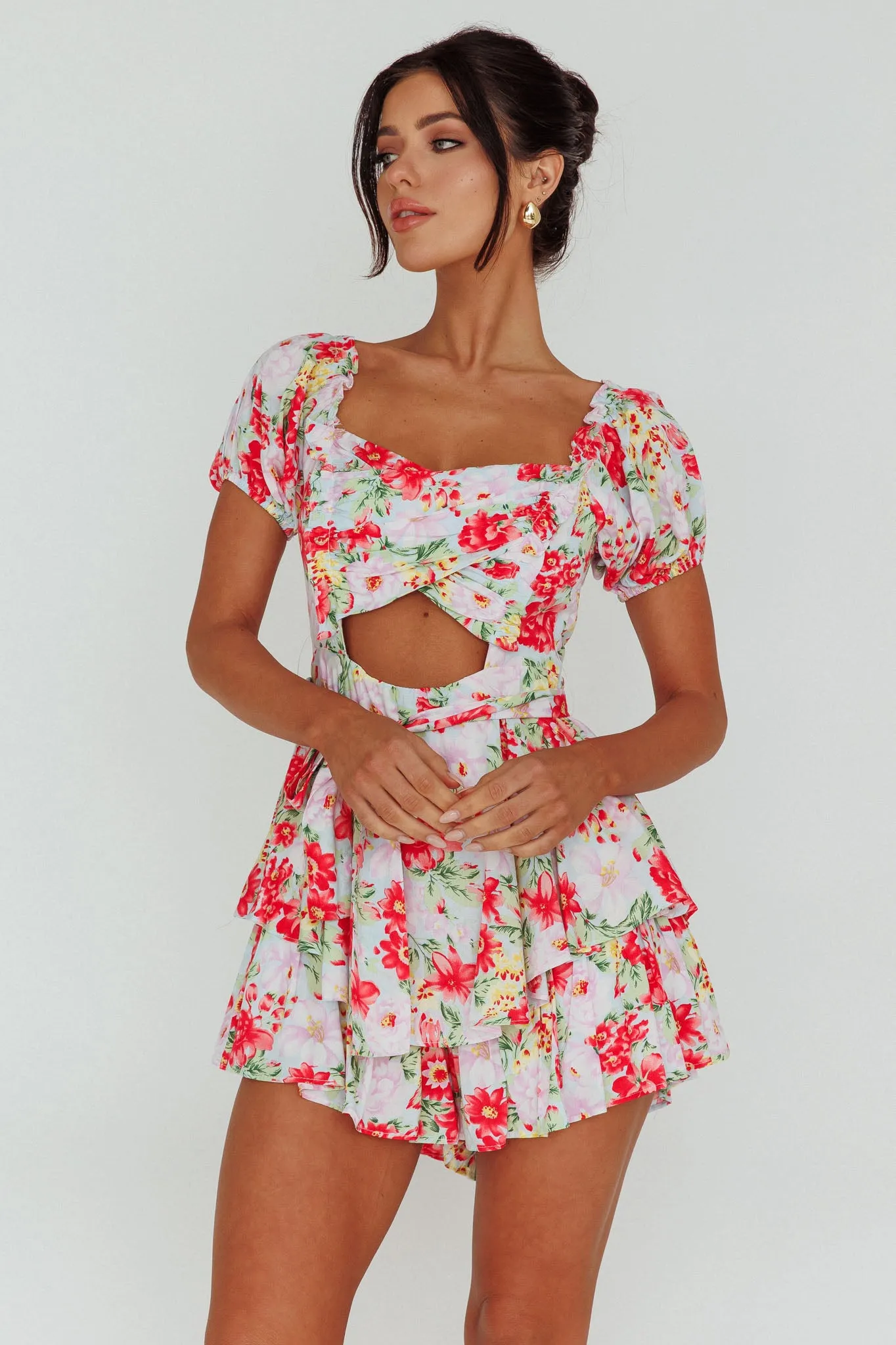 Whimsical Cut-out Bodice Romper Floral Pink sold by Selfie Leslie