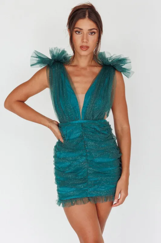 Ludivine Shoulder Accent Mesh Mini Dress Glitter Green sold by Selfie Leslie