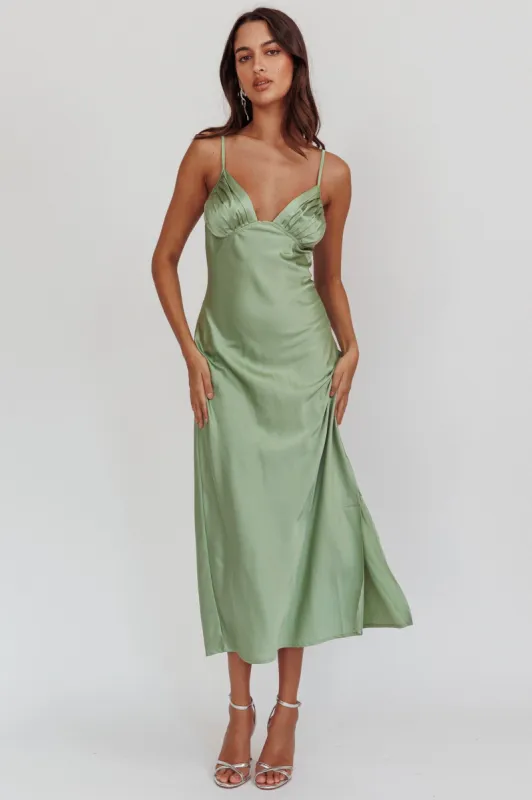 Felicity Pleat Bust Split Midi Dress Sage sold by Selfie Leslie