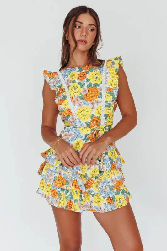 Weekend Muse Sleeveless Layered Frill Romper Yellow Floral sold by Selfie Leslie