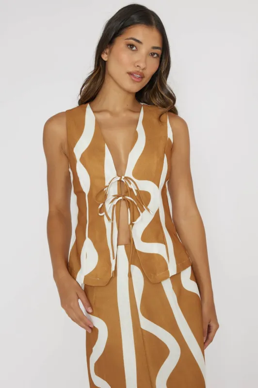 Meet Me There Tied Vest Top Abstract Tan sold by Selfie Leslie