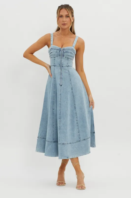 Emilio Pleated Bust A-Line Midi Dress Denim Blue sold by Selfie Leslie
