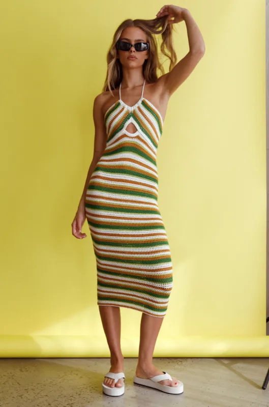 Malibu Nights Halterneck Knit Midi Dress Striped Olive sold by Selfie Leslie