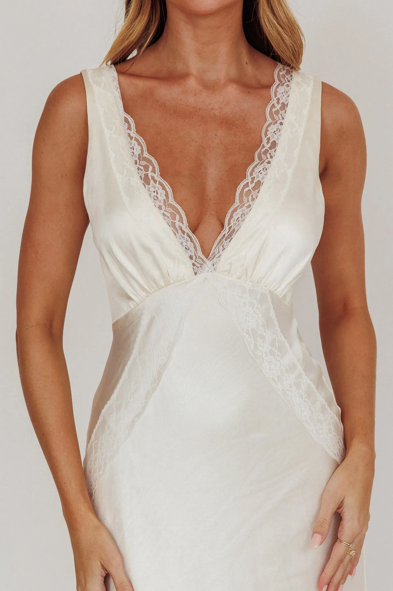 Ivonne Lace Trim V-Neck Maxi Dress Oyster sold by Selfie Leslie product image thumbnail 4