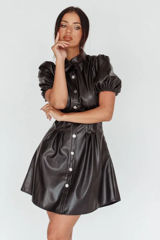 Zurich Pleated Waist Shirt Dress Faux Leather Black sold by Selfie Leslie