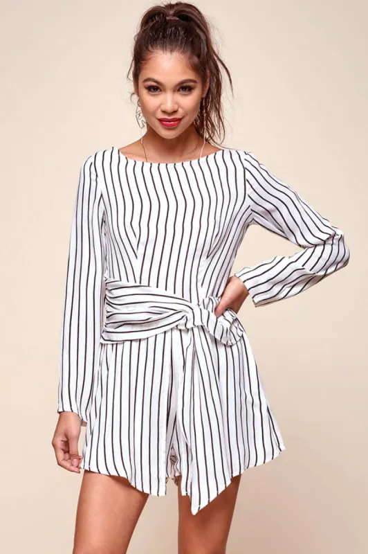 Abbey Waist Tie Pinstripe Romper White & Black sold by Selfie Leslie