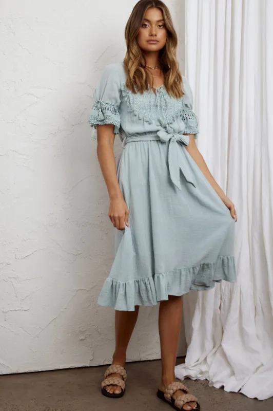 Jada Short Sleeve Crochet Tassel Midi Dress Sage sold by Selfie Leslie
