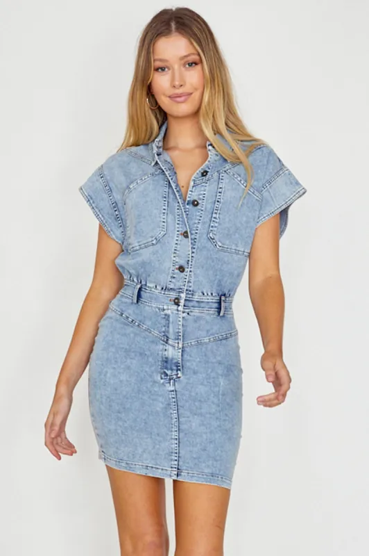New Day Short Sleeve Button-Up Mini Dress Denim sold by Selfie Leslie