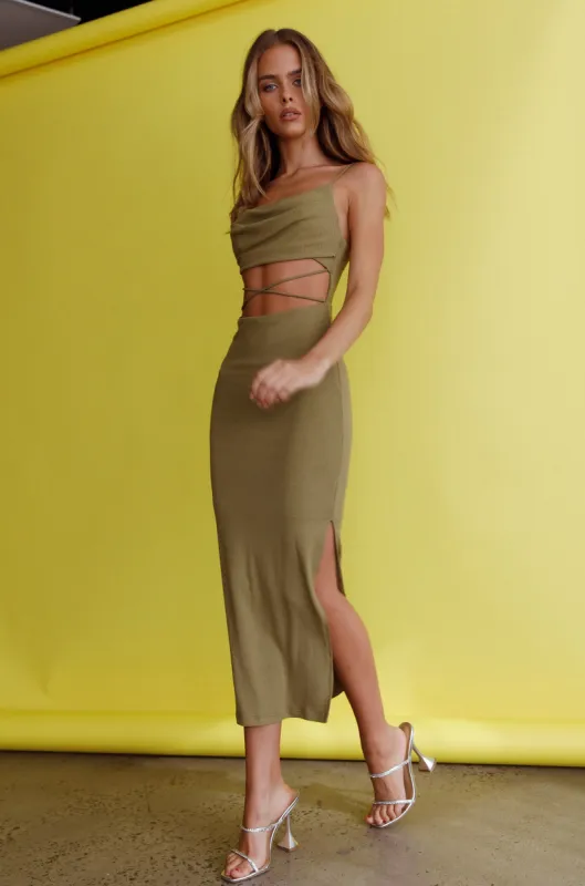 Crazy In Love Cowl Neck Cut-Out Waist Midi Dress Olive sold by Selfie Leslie