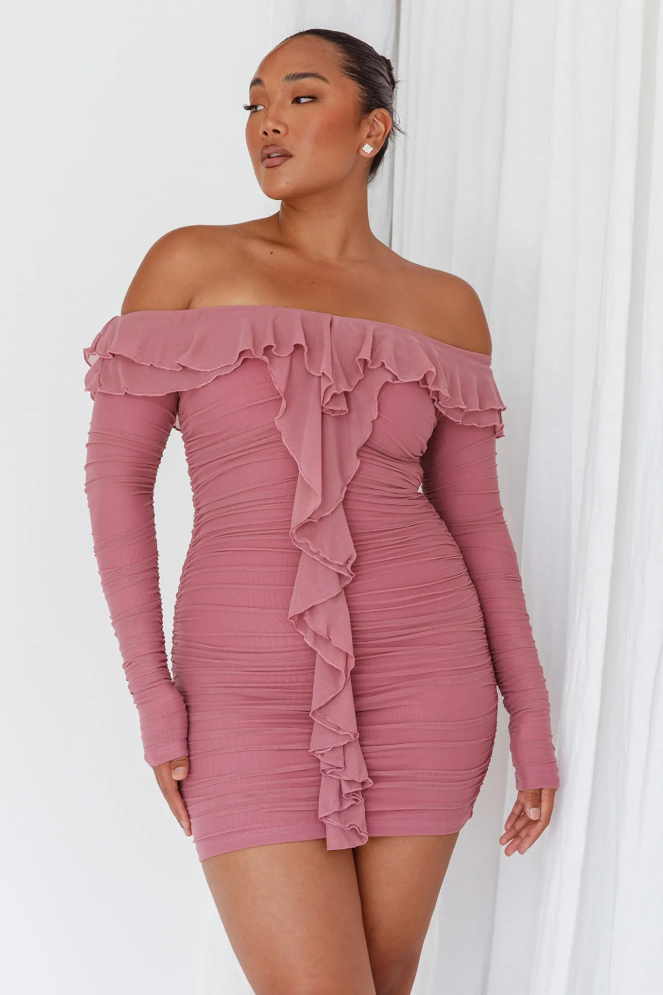 Confession Off-Shoulder Long Sleeve Mini Dress Mauve sold by Selfie Leslie product image thumbnail 5