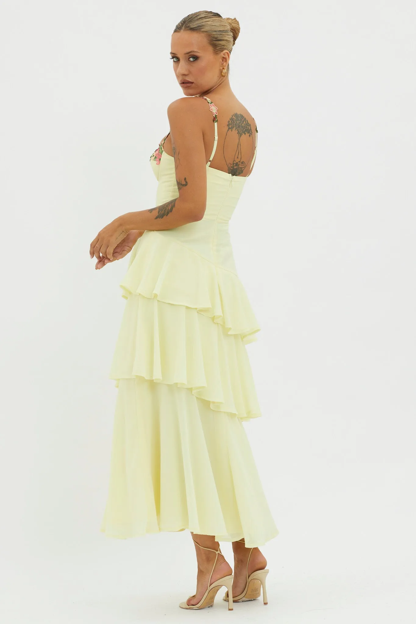 Rose Garden Tiered Ruffle Floral Trim Dress Lemon sold by Selfie Leslie product image thumbnail 2