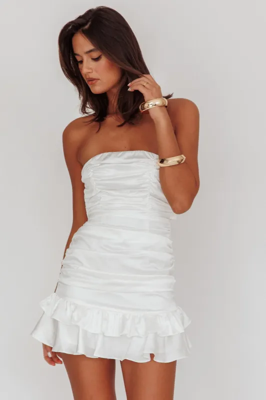 Annabella Strapless Tied Back Satin Mini Dress White sold by Selfie Leslie