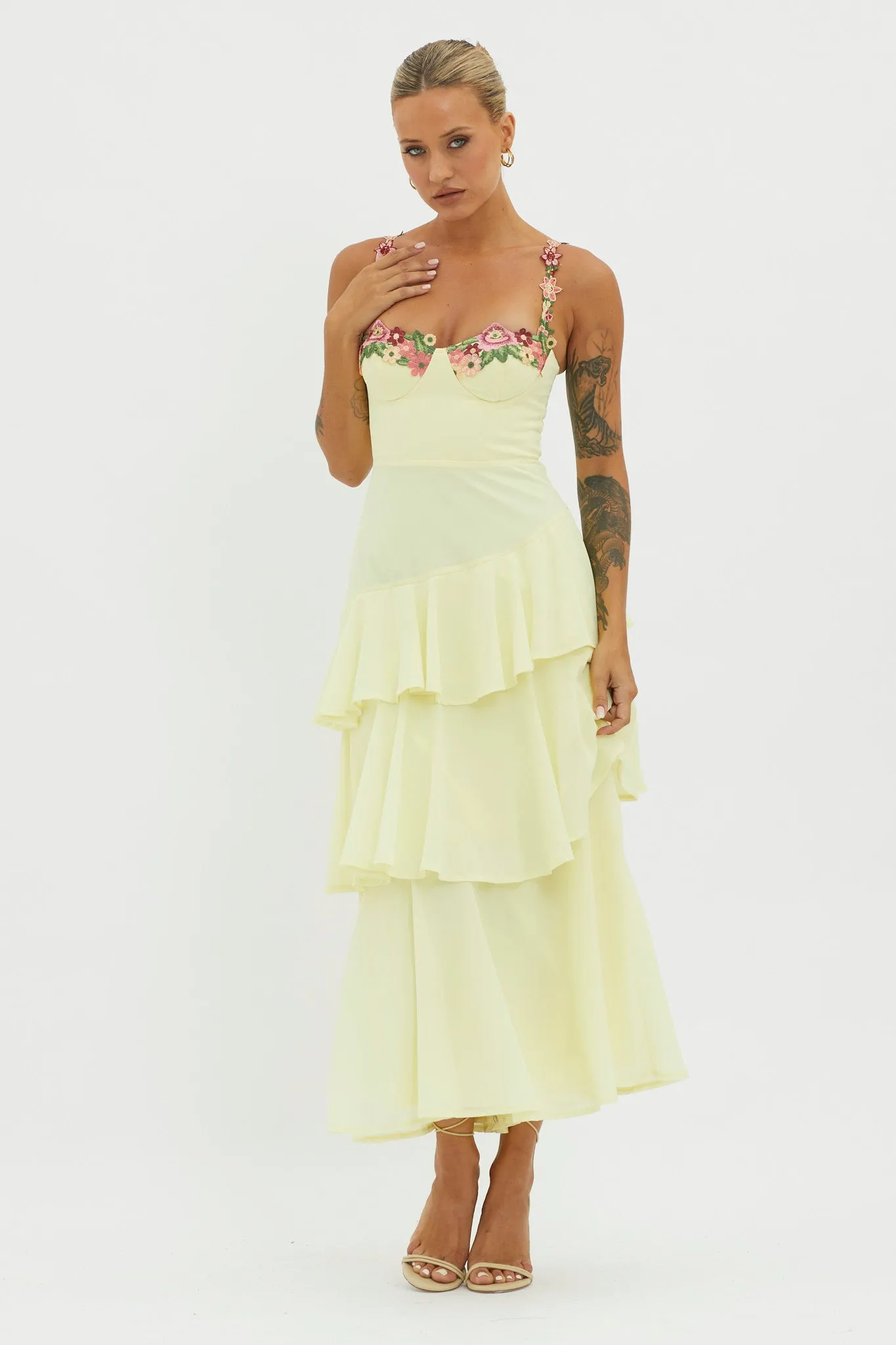 Rose Garden Tiered Ruffle Floral Trim Dress Lemon sold by Selfie Leslie