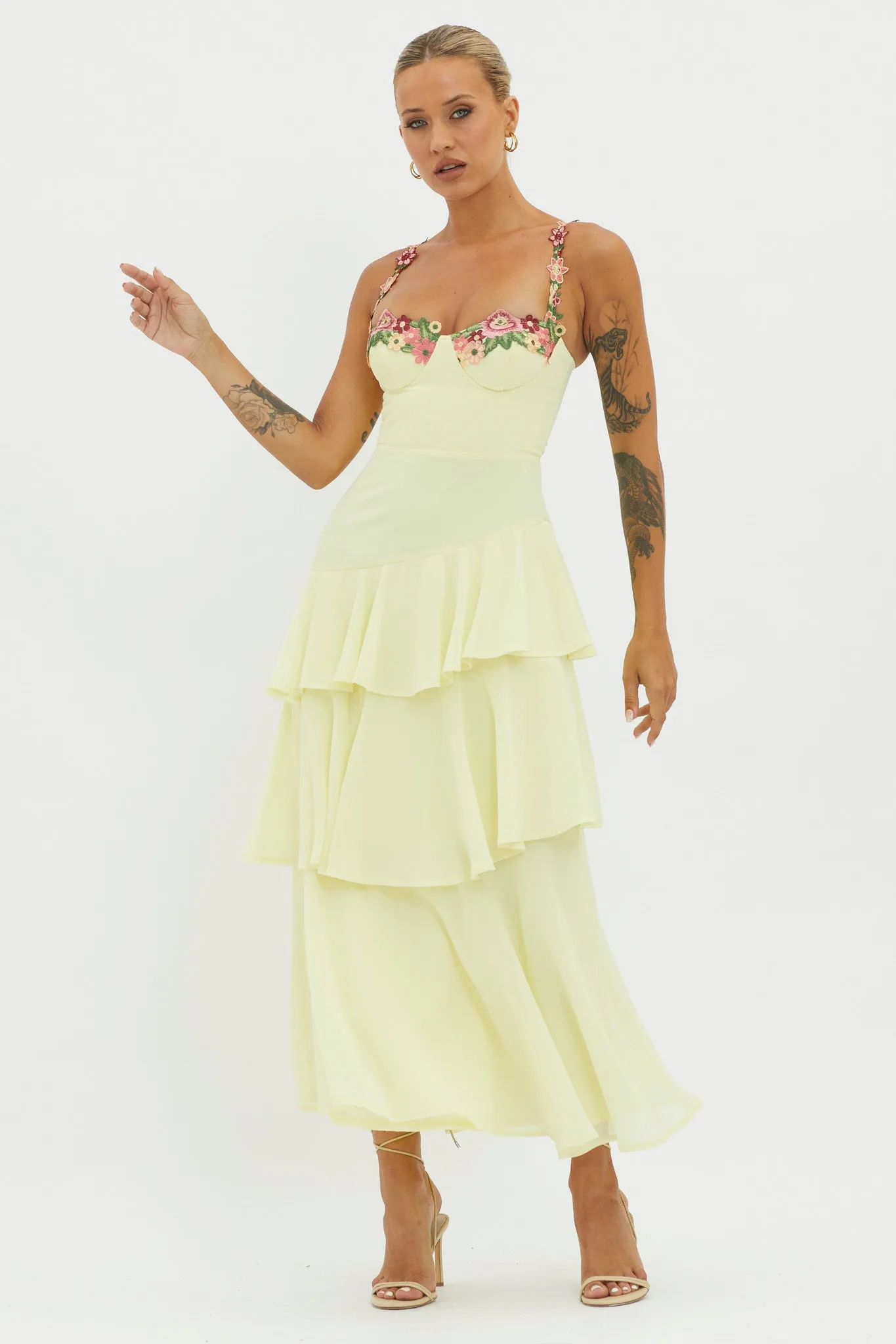 Rose Garden Tiered Ruffle Floral Trim Dress Lemon sold by Selfie Leslie product image thumbnail 5