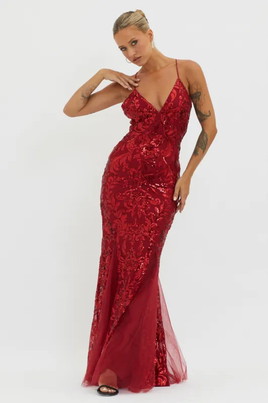 Serenade Song Godet Hem Sequin Maxi Dress Red sold by Selfie Leslie