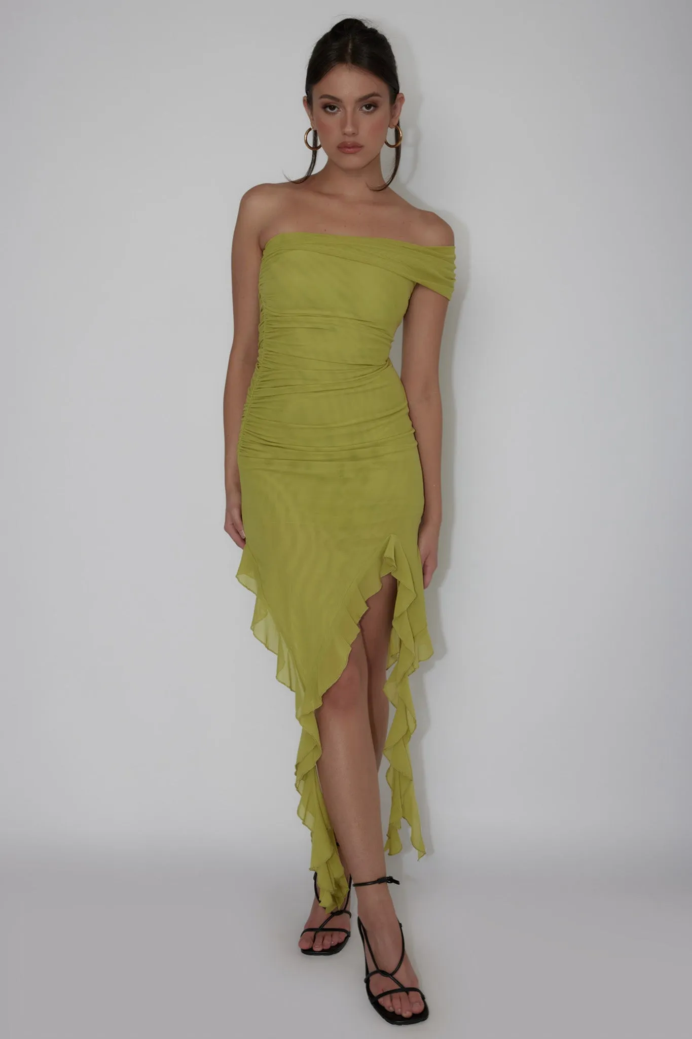 After Party One Sleeve Ruffle Mini Dress Lime sold by Selfie Leslie