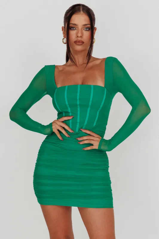 Dream Catcher Long Sleeve Ruched Mini Dress Green sold by Selfie Leslie