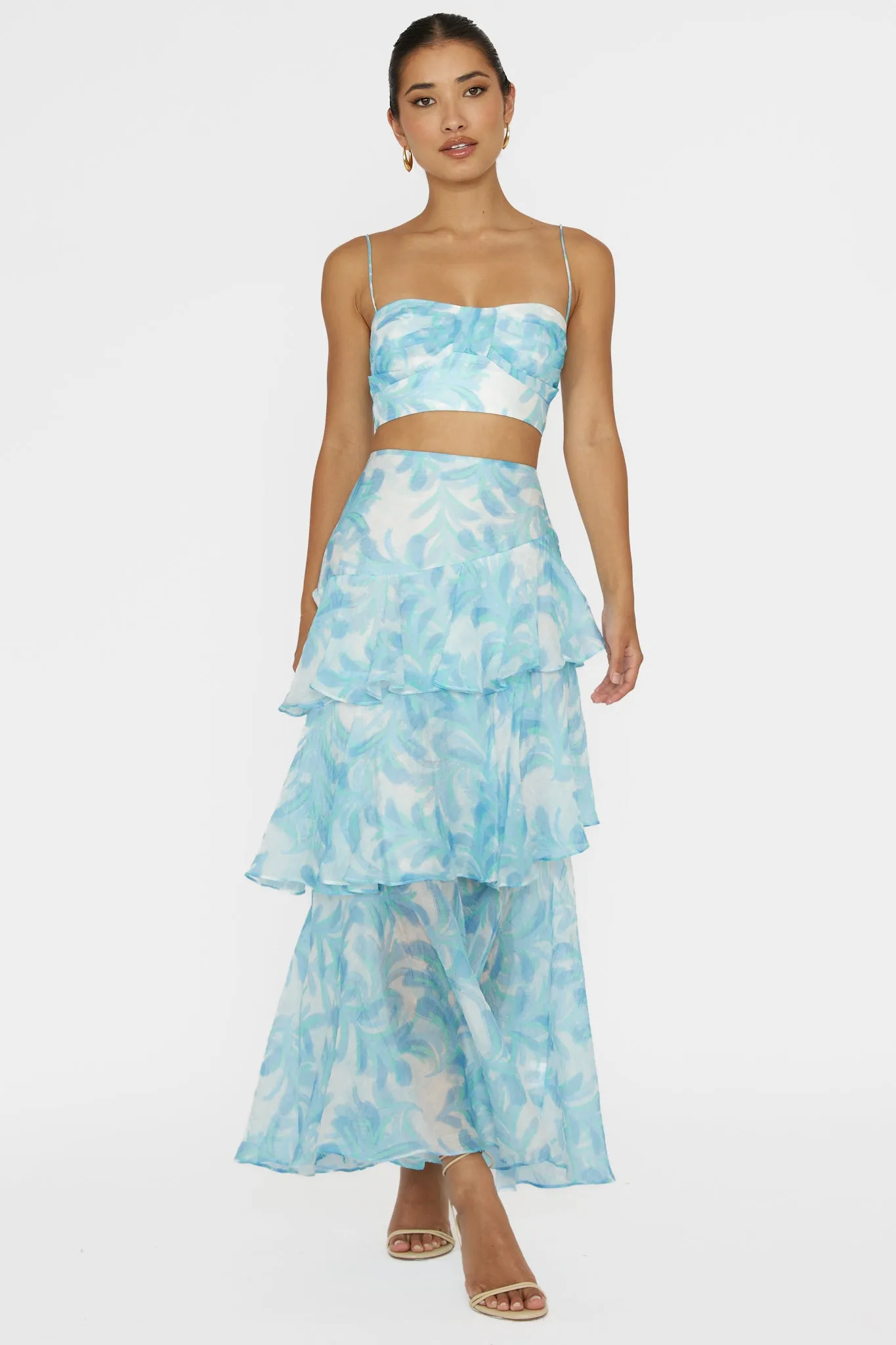 Veda Tiered Ruffle Maxi Skirt Floral Blue sold by Selfie Leslie