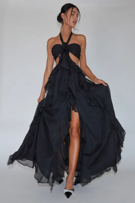 Santiago Cut-Out Ruffle Maxi Dress Black sold by Selfie Leslie