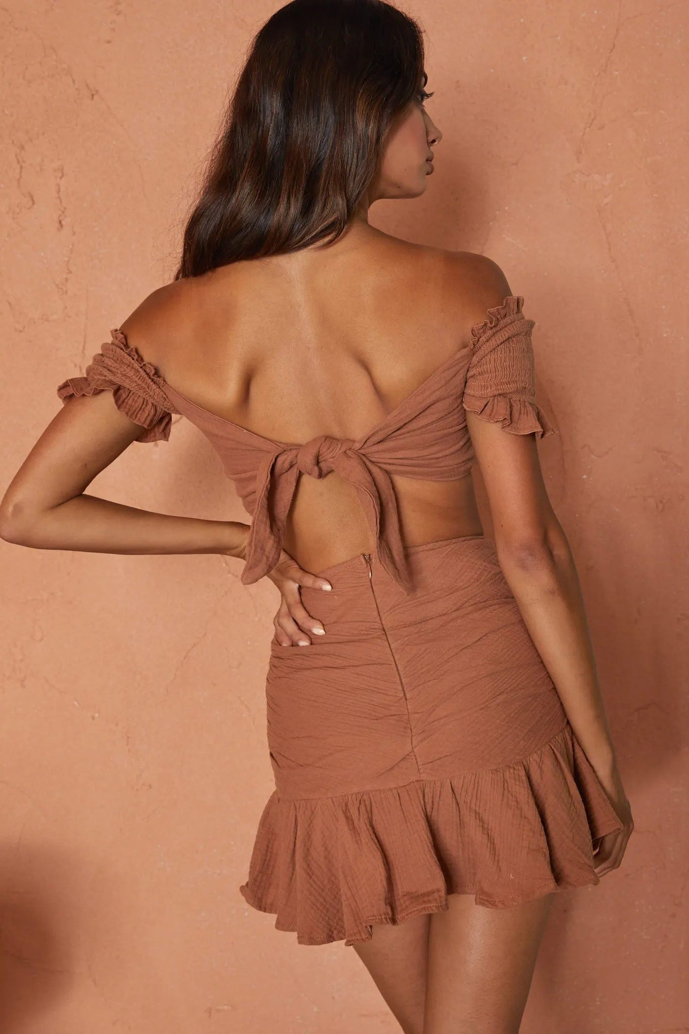 Rise And Shine Shirred Bodice Tied Back Crop Top Latte sold by Selfie Leslie product image thumbnail 2