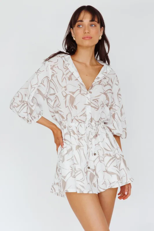 Tiki Puff Sleeve Drawstring Romper Print Beige sold by Selfie Leslie