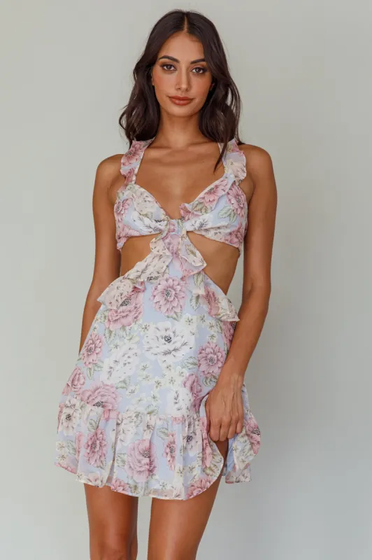 Violette Ruffle Strap Cut-Out Mini Dress Floral Blue sold by Selfie Leslie