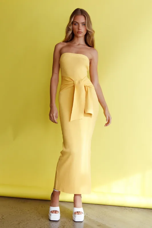 Told You So Strapless Waist Tie Knit Maxi Dress Yellow sold by Selfie Leslie