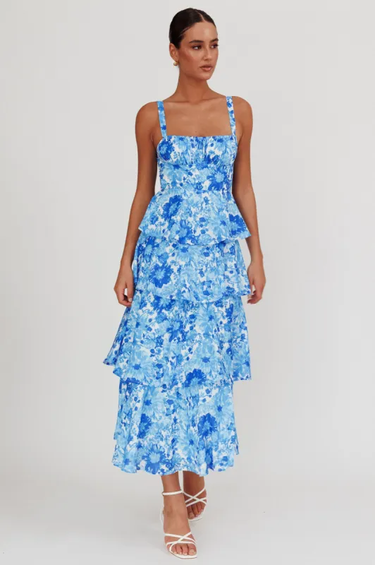 Provence Bloom Tiered Floral Maxi Dress Blue sold by Selfie Leslie