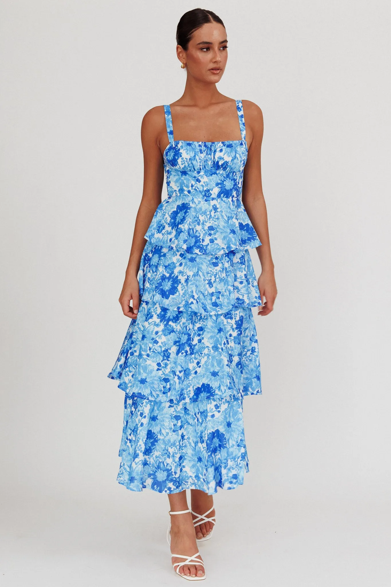 Provence Bloom Tiered Floral Maxi Dress Blue sold by Selfie Leslie