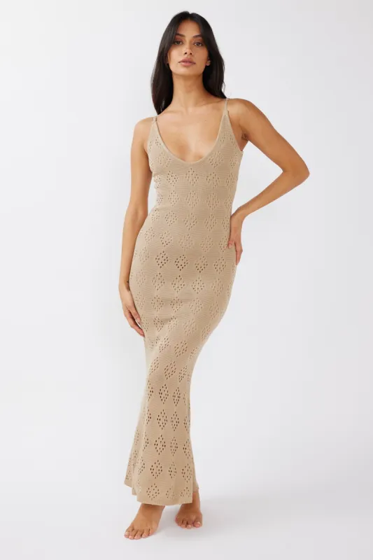 Raven Cami Strap Crochet Maxi Dress Sand sold by Selfie Leslie