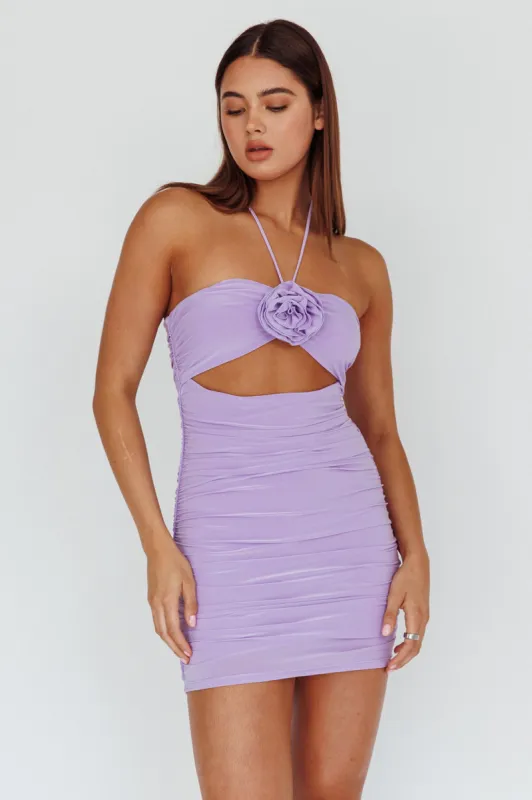 Ca Va Ruched Rose Accent Mini Dress Lavender sold by Selfie Leslie