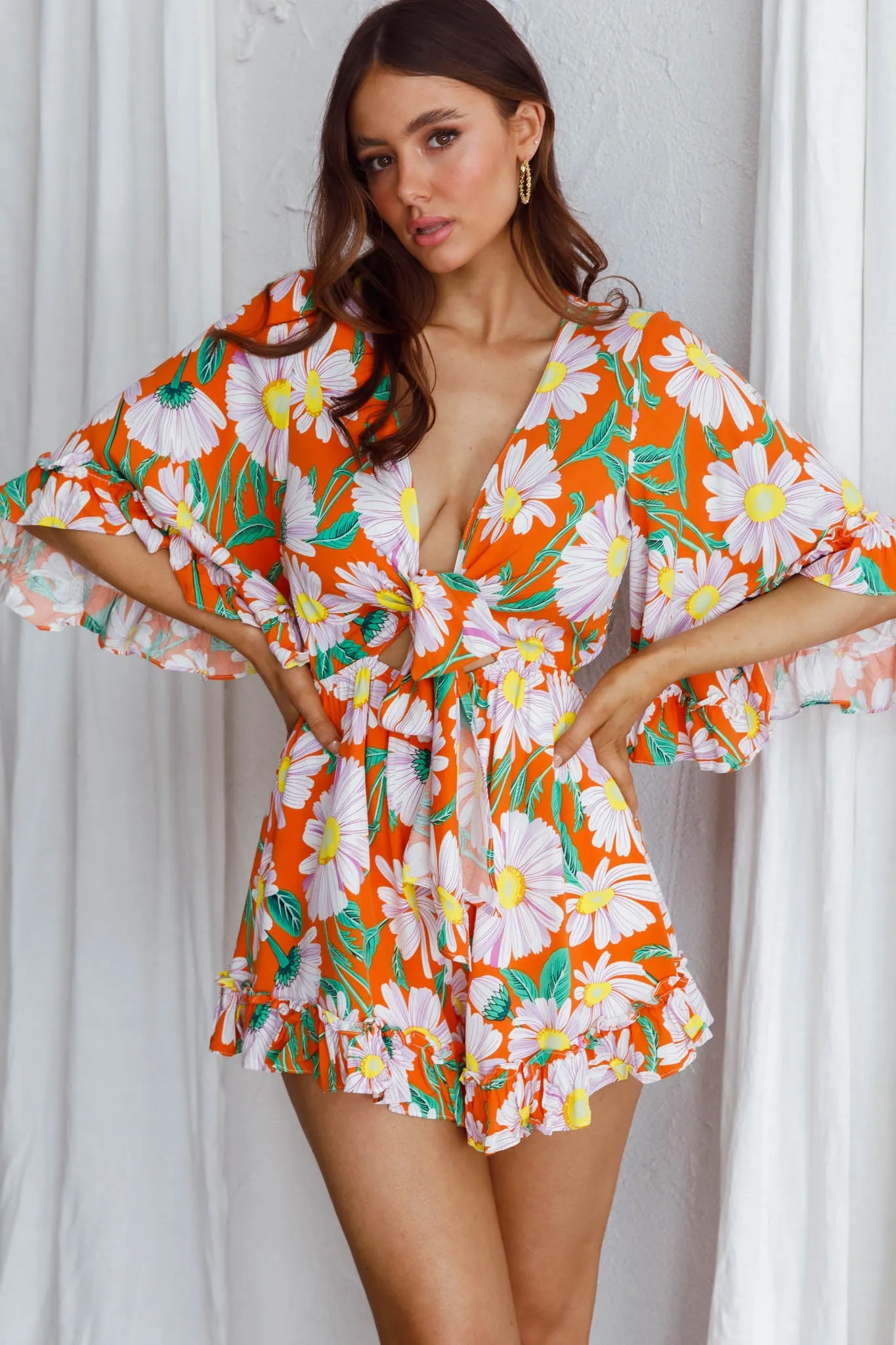Athira Tied Bust Flared Sleeve Romper Daisy Orange sold by Selfie Leslie