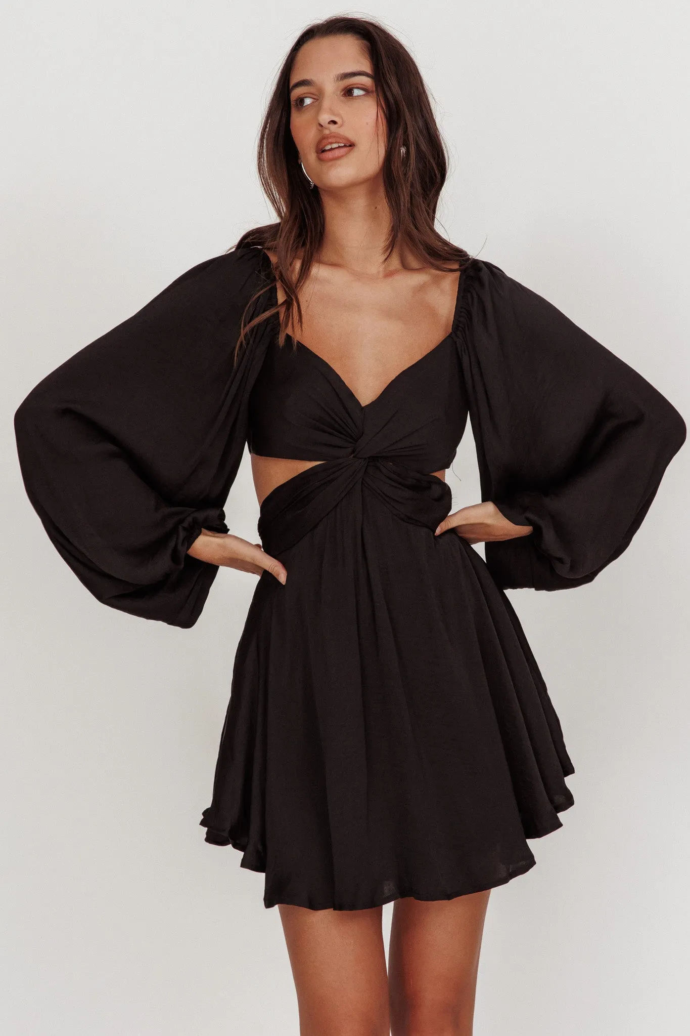 Miraya Balloon Sleeve Twist Mini Dress Black sold by Selfie Leslie