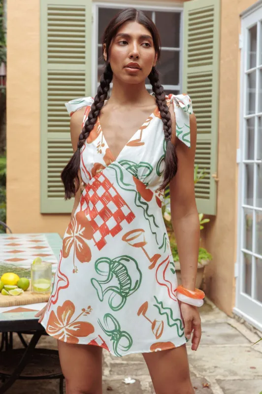 Mykonos Morning Tied Shoulder Mini Dress Print White sold by Selfie Leslie