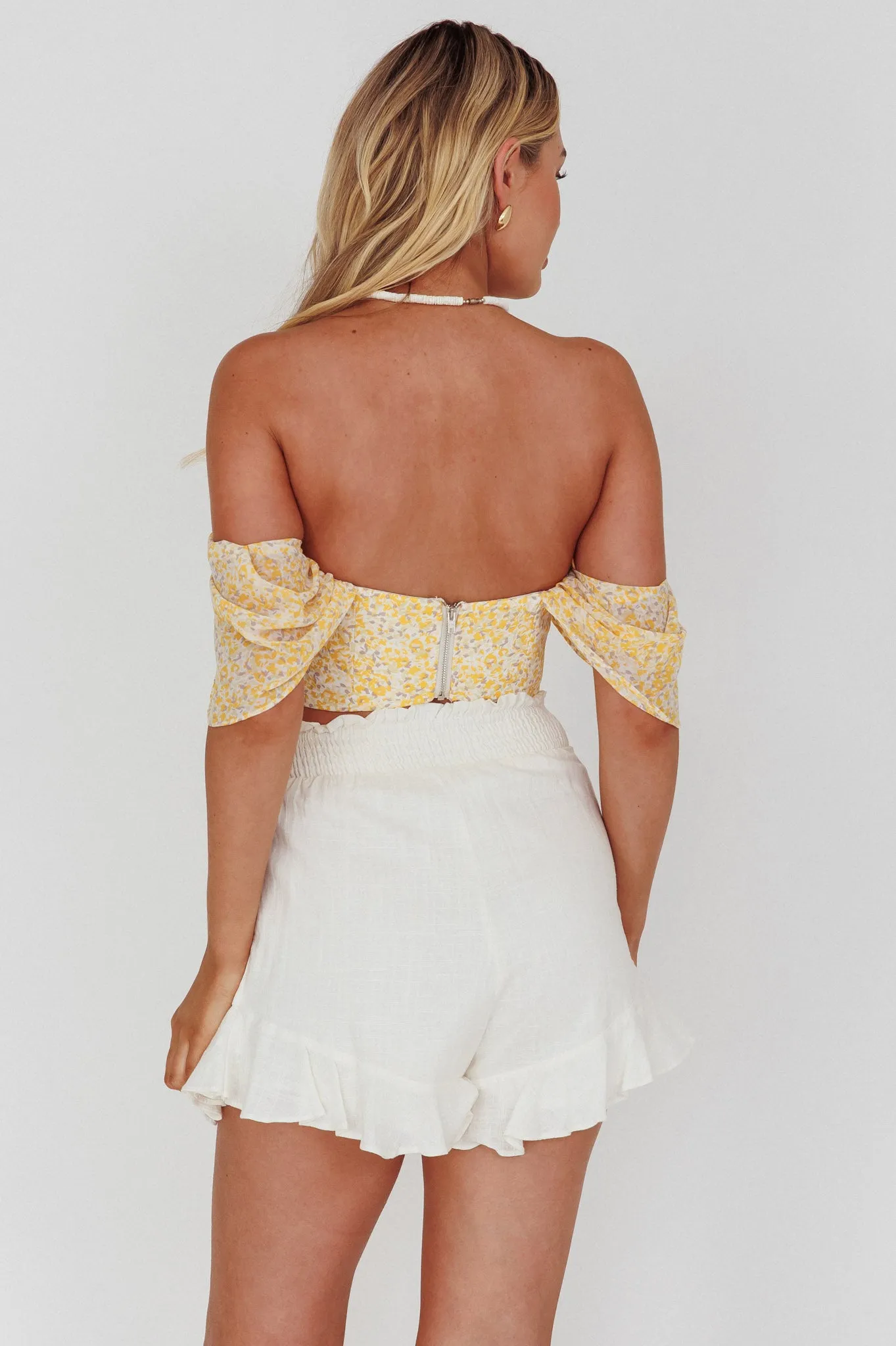 Brandy Off-Shoulder Pointed Hem Crop Top Mottled Print Yellow sold by Selfie Leslie product image thumbnail 2