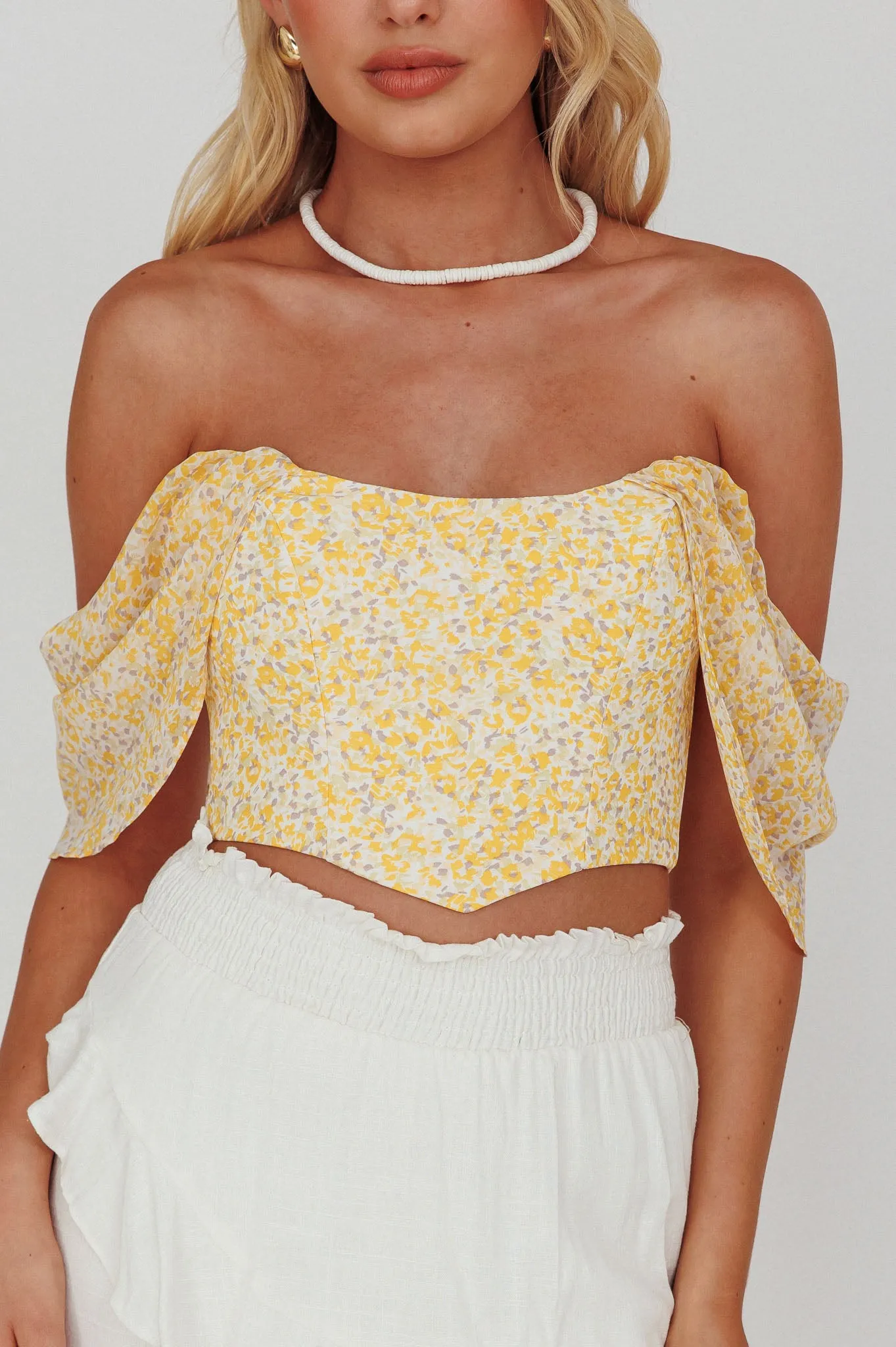 Brandy Off-Shoulder Pointed Hem Crop Top Mottled Print Yellow sold by Selfie Leslie product image thumbnail 4