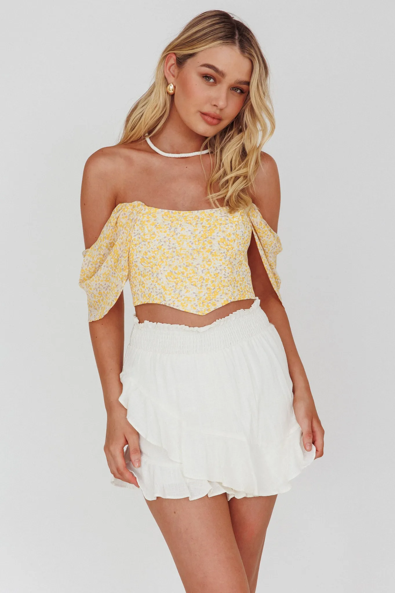 Brandy Off-Shoulder Pointed Hem Crop Top Mottled Print Yellow sold by Selfie Leslie