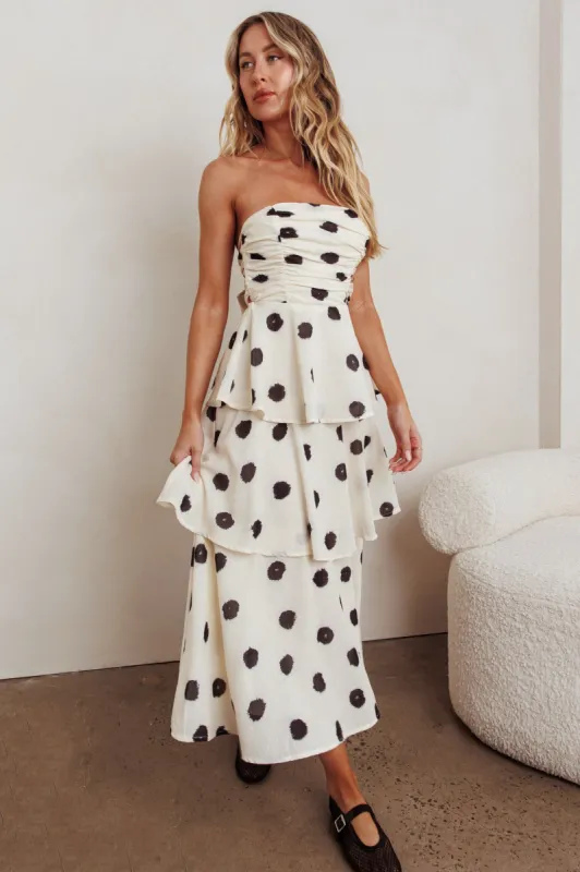 Lorcan Strapless Ruffle Dotted Midi Dress Oat sold by Selfie Leslie