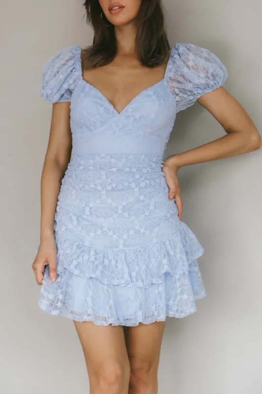 Annabella Puff Sleeve Tied Back Lace Dress Blue sold by Selfie Leslie
