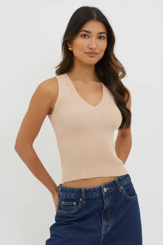 D'Lila V-Neck Ribbed Knit Top Beige sold by Selfie Leslie