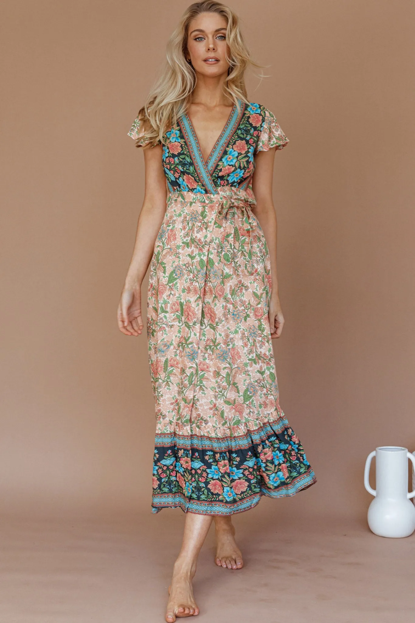 Mayan Angel Sleeve Wrap Midi Dress Floral Nude sold by Selfie Leslie product image thumbnail 2