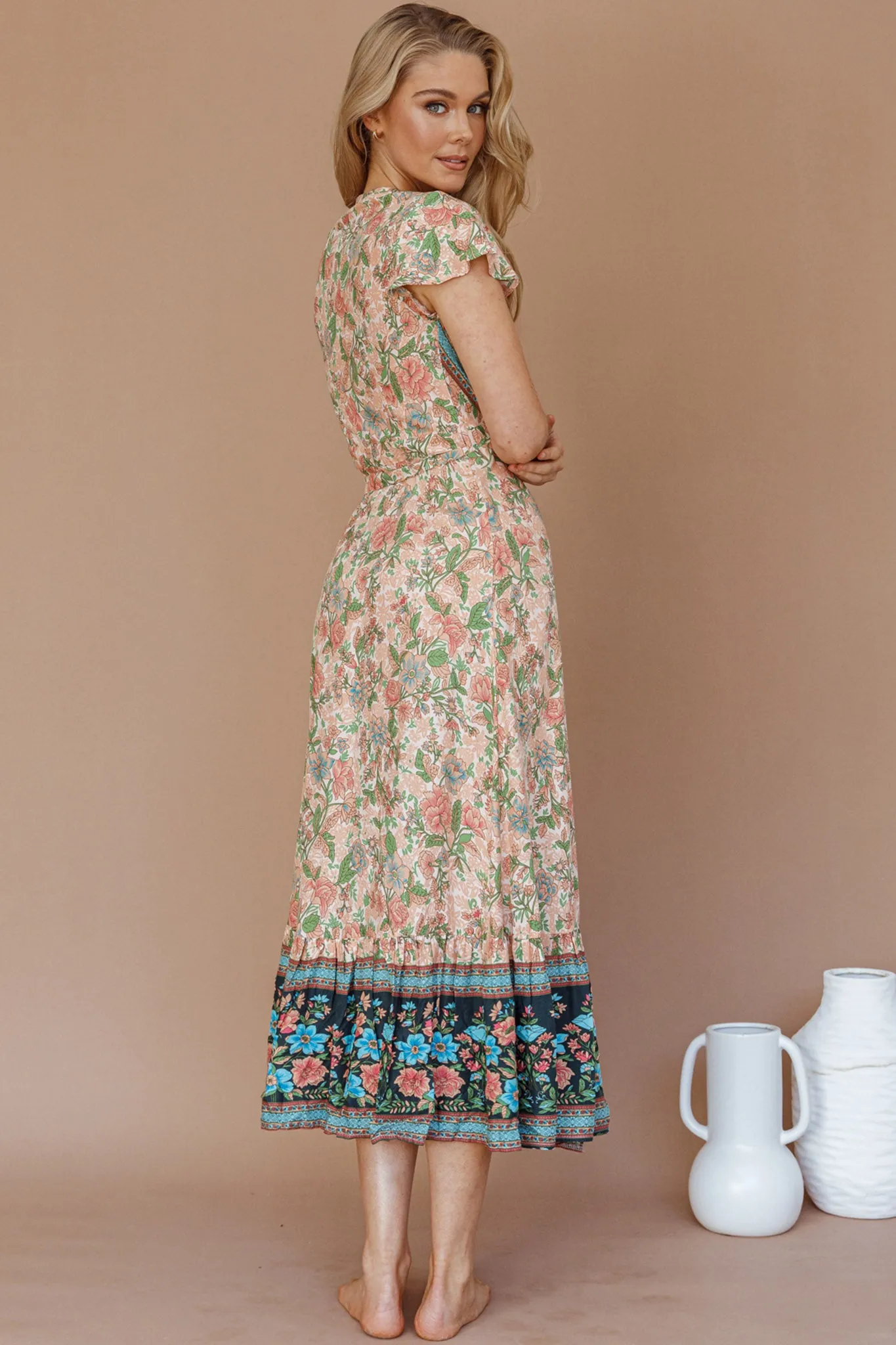 Mayan Angel Sleeve Wrap Midi Dress Floral Nude sold by Selfie Leslie product image thumbnail 3
