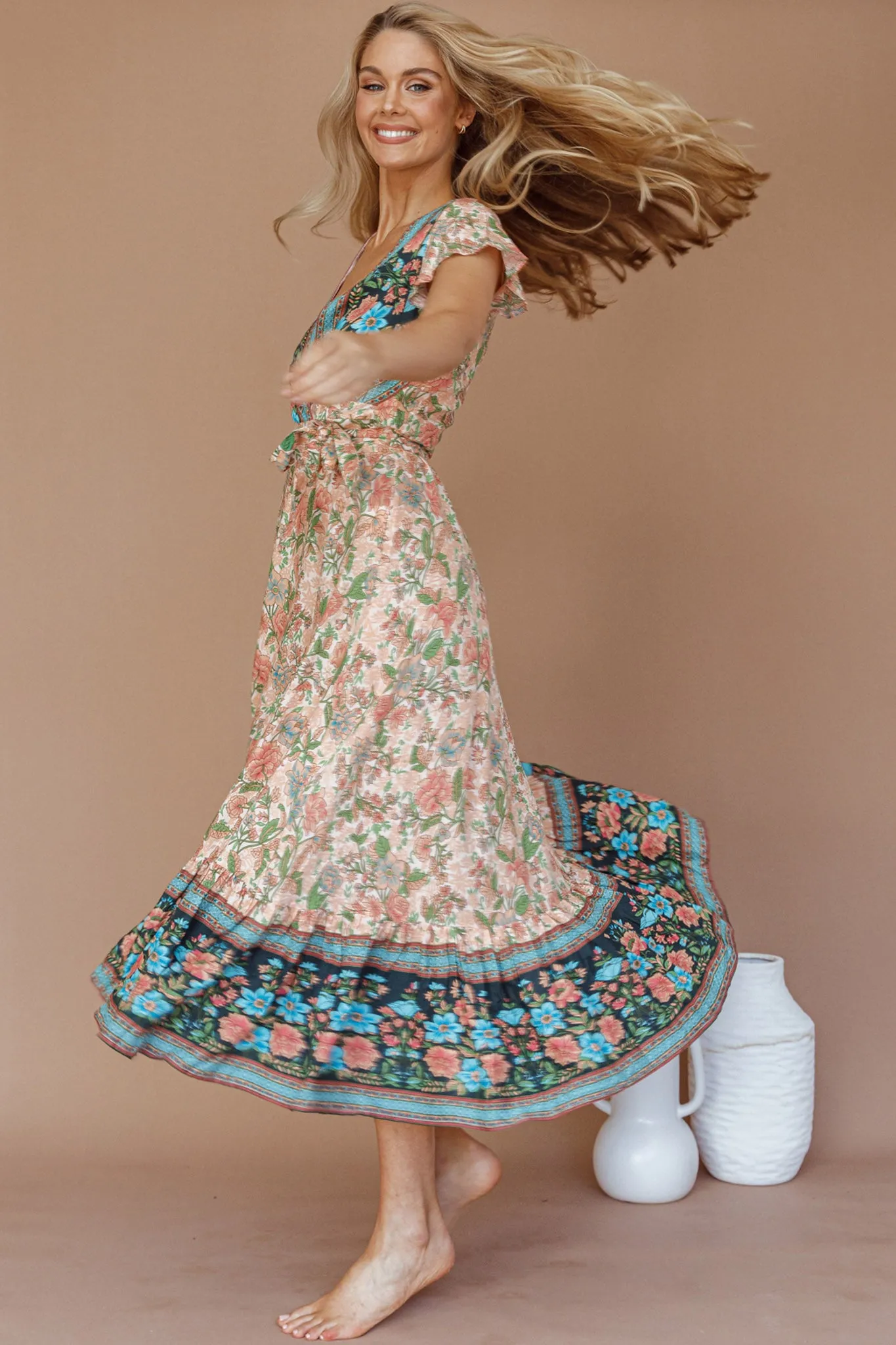 Mayan Angel Sleeve Wrap Midi Dress Floral Nude sold by Selfie Leslie product image thumbnail 4