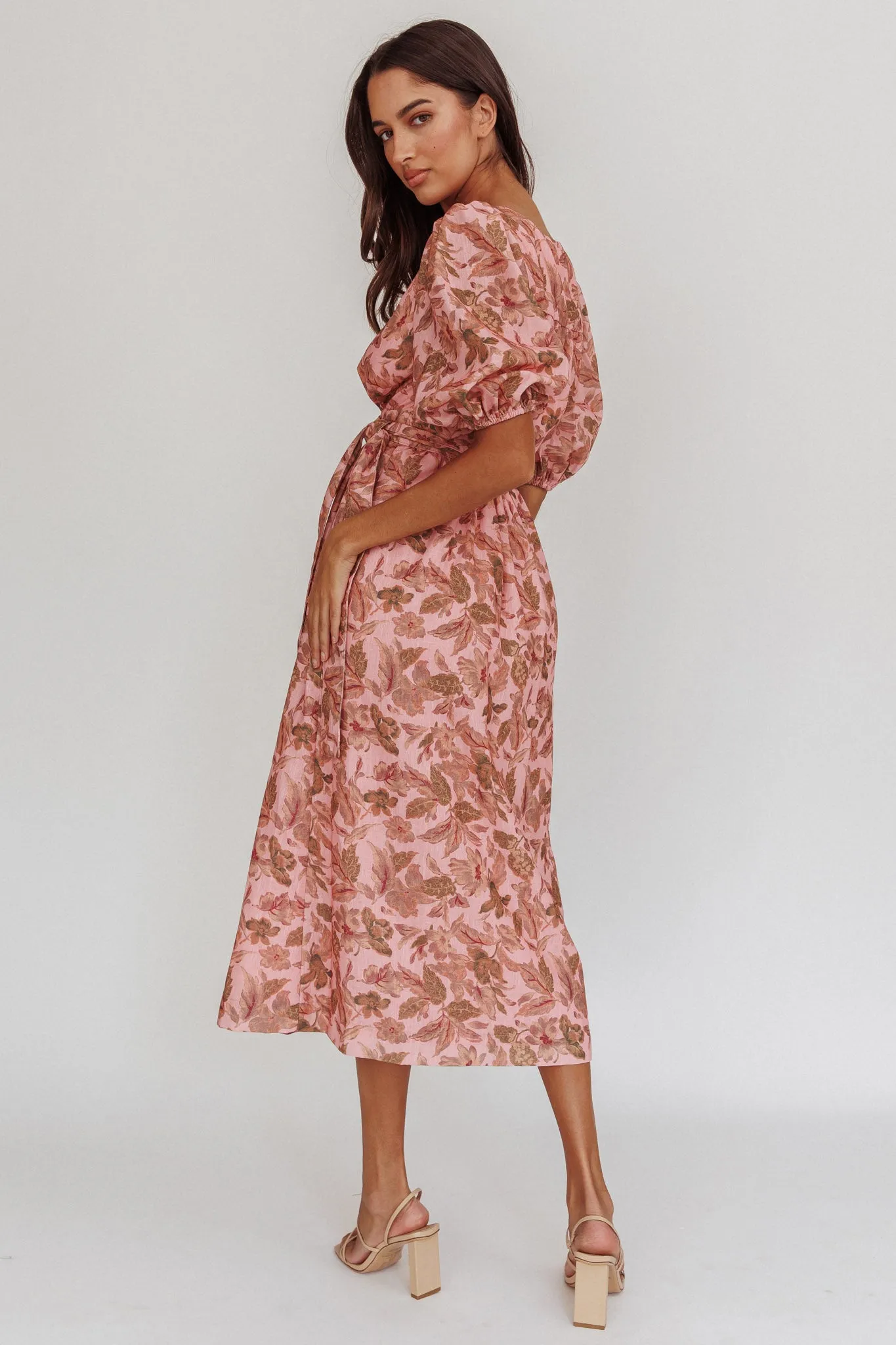 Doris Floral Puff Sleeve Midi Wrap Dress Blush sold by Selfie Leslie product image thumbnail 2