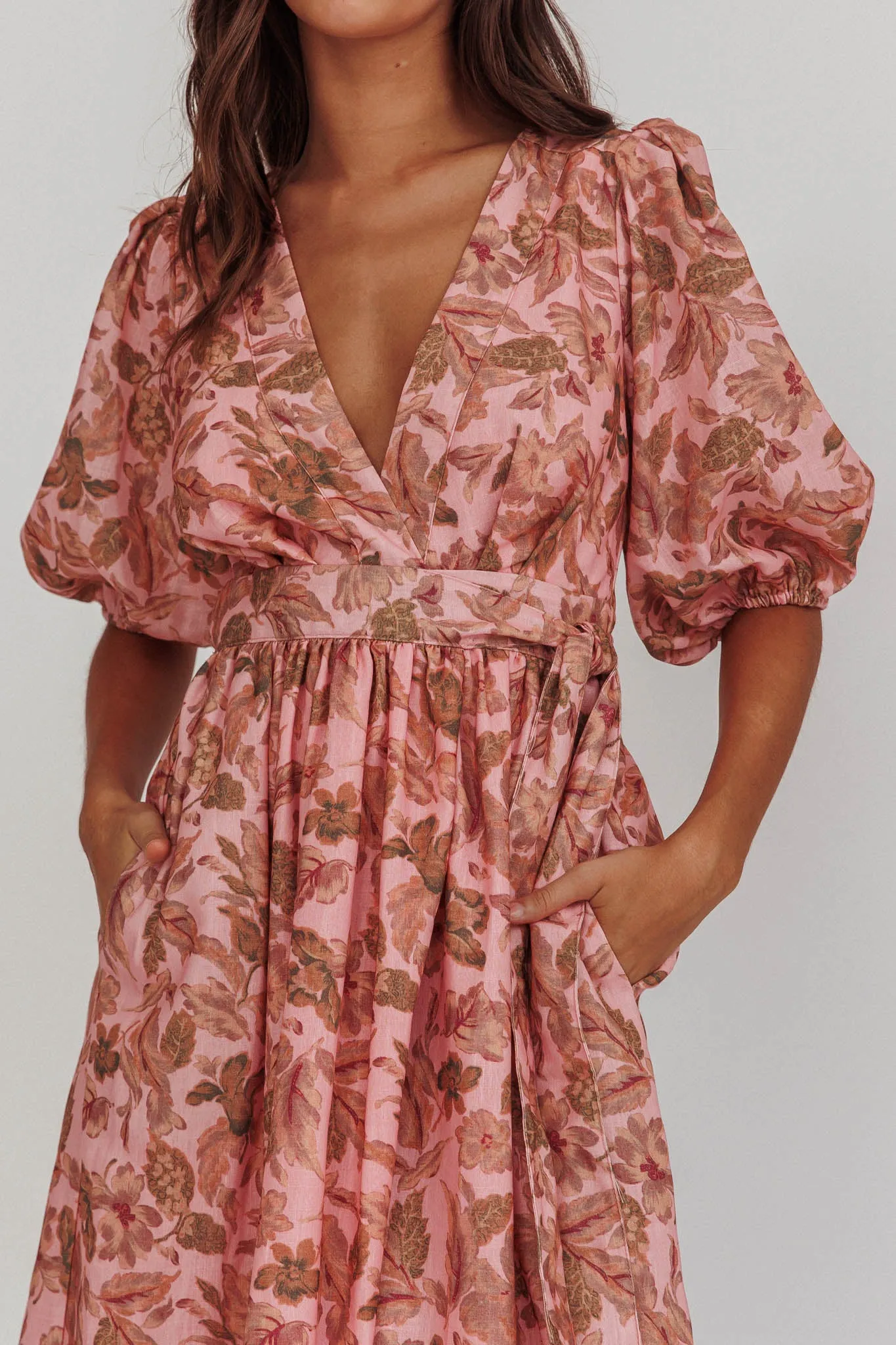 Doris Floral Puff Sleeve Midi Wrap Dress Blush sold by Selfie Leslie product image thumbnail 4